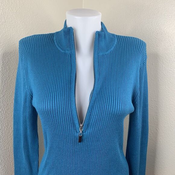 Boston Proper 1/4 Zip Sweater Women’s Sz L Fitted Teal-ish Blue Pullover - Picture 3 of 9